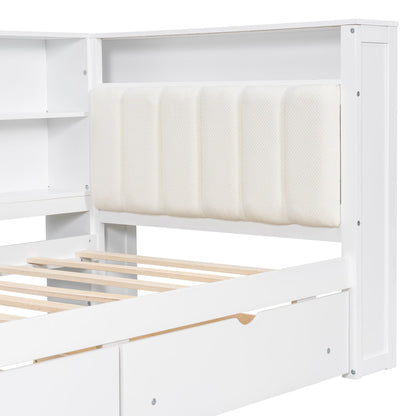 Platform bed in white with beige upholstered headboard, built-in shelves and drawers on Tampa Home & Garden Store