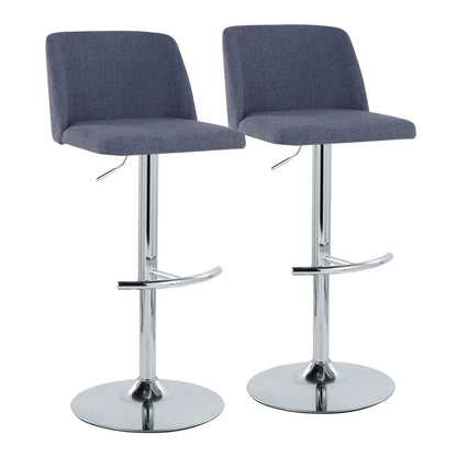 Toriano adjustable bar stools set of 2 in blue-gray fabric with chrome pedestals on Tampa Home & Garden Store