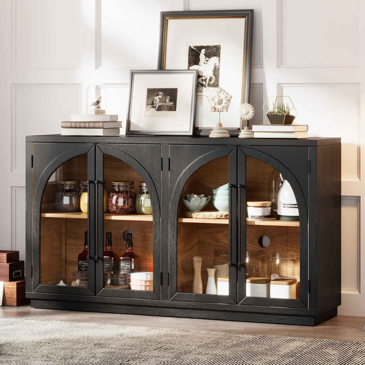 4-Door Large Storage Sideboard Buffet Cabinet with Glass Doors in black, arched design by HouseOfZazla on Tampa Home & Garden Store