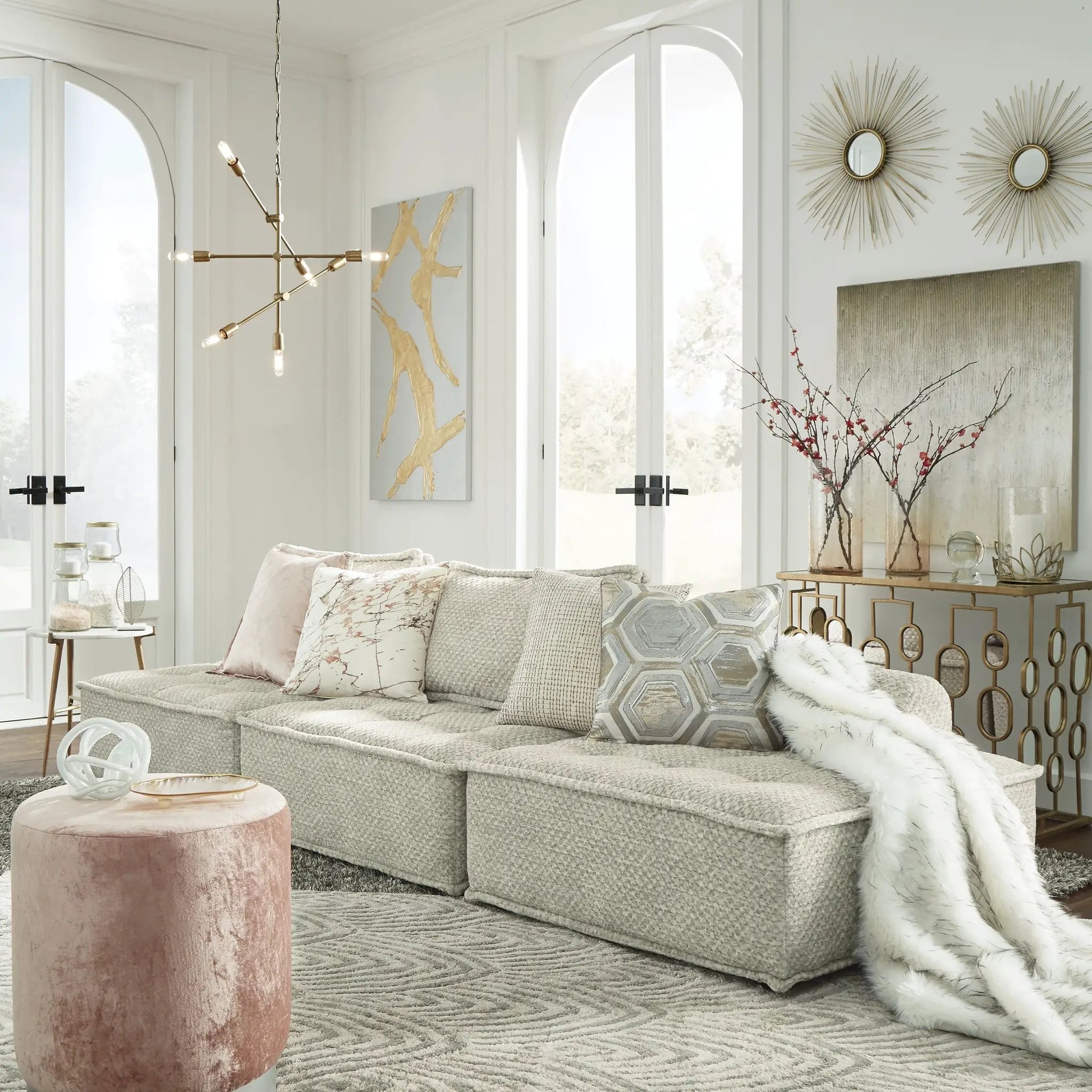 Bales sectional sofa, light gray textured fabric, stationary by Unique Piece Furniture on Tampa Home & Garden Store