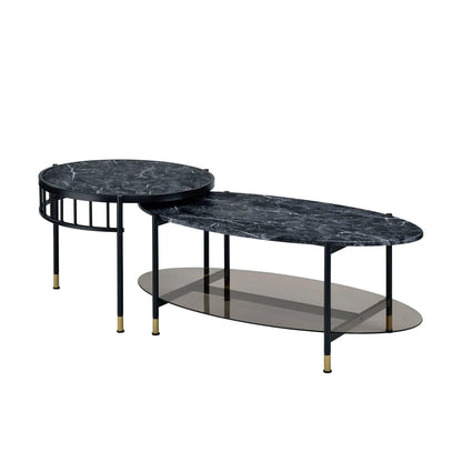 Silas engineered stone top nesting tables set of 3 in black with metal frame and gold tips on Tampa Home & Garden Store