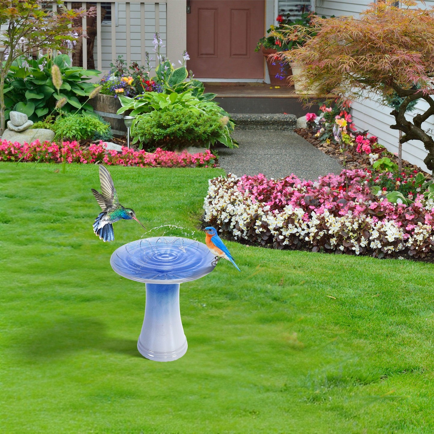 Ceramic Birdbath For Patio or Garden Blue Gray