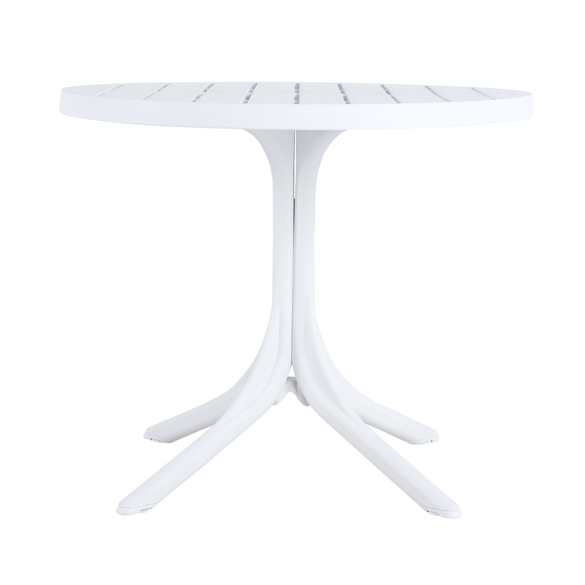 Modern round outdoor dining table white with slatted top and pedestal base on Tampa Home & Garden Store