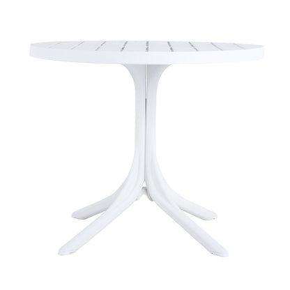 Modern round outdoor dining table white with slatted top and pedestal base on Tampa Home & Garden Store