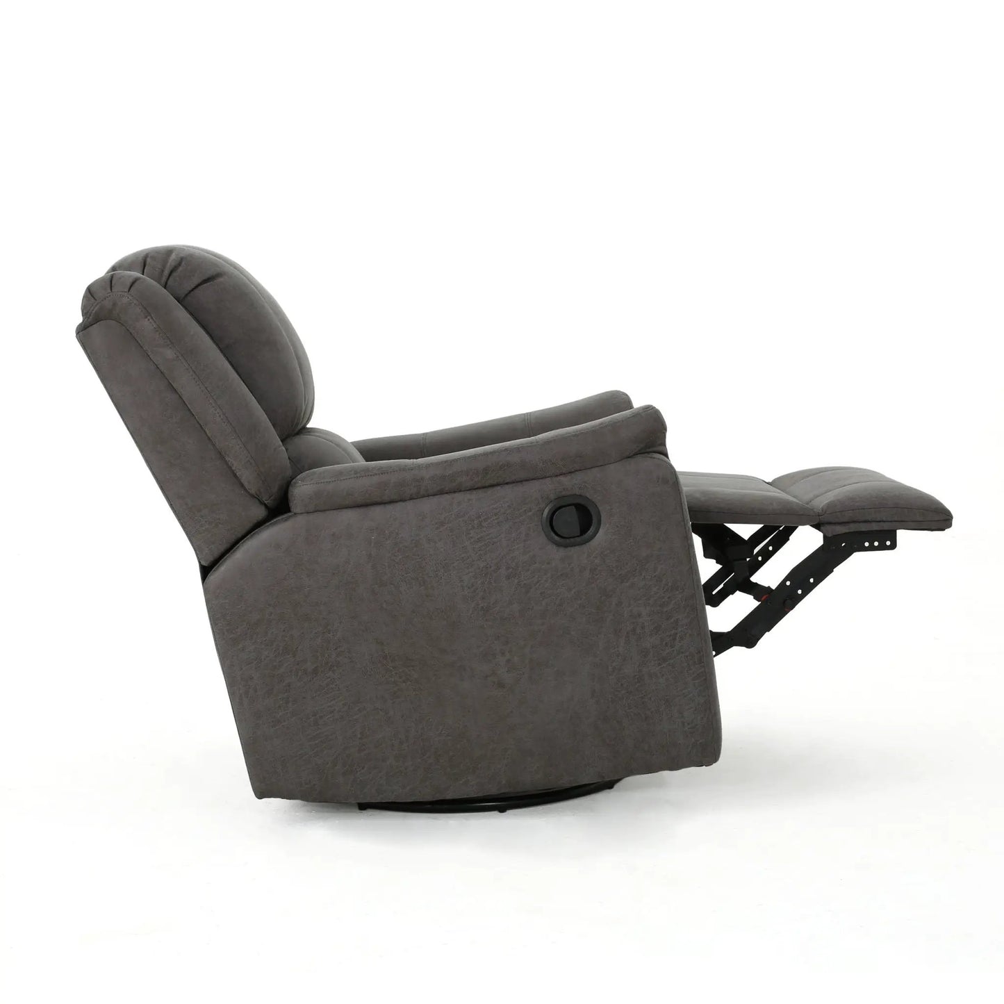 Contemporary glider recliner with swivel function in dark gray suede-like fabric and footrest on Tampa Home & Garden Store