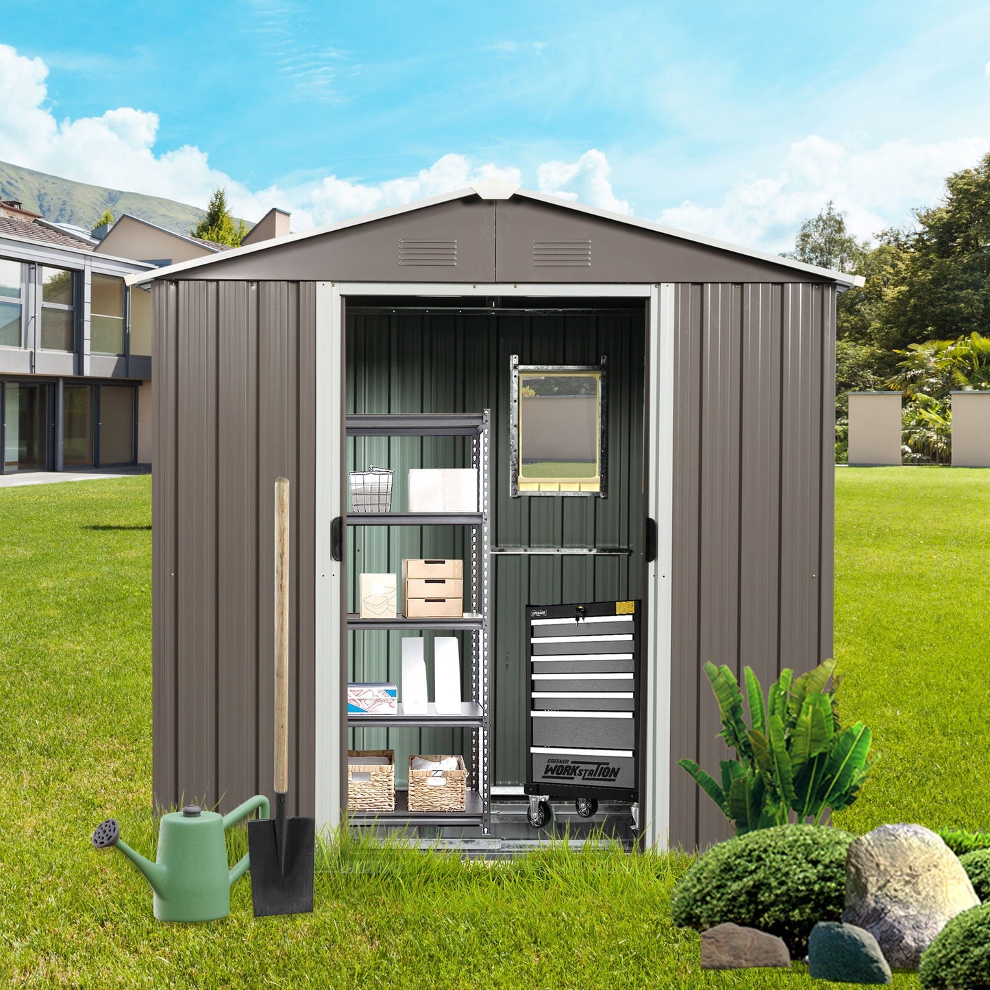 Outdoor metal storage shed with window by HouseOfZazla, dark gray steel, open front with shelves on Tampa Home & Garden Store