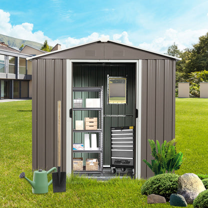 Outdoor metal storage shed with window by HouseOfZazla, dark gray steel, open front with shelves on Tampa Home & Garden Store