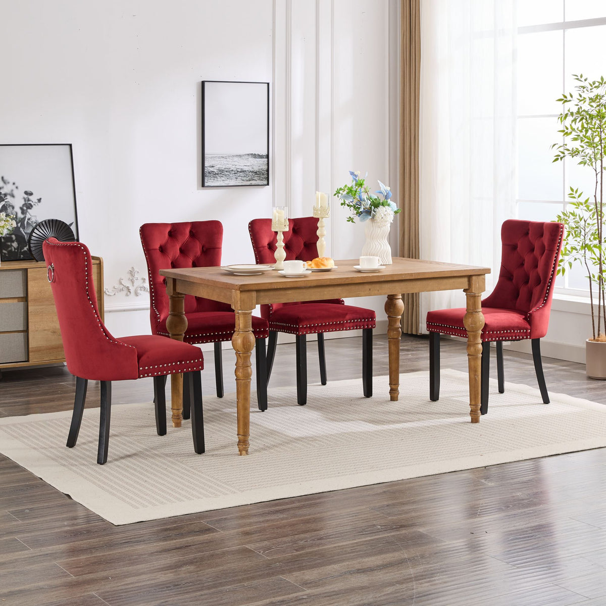 Classic velvet burgundy dining chairs with solid wood legs, set of 2 around a wooden table on Tampa Home & Garden Store