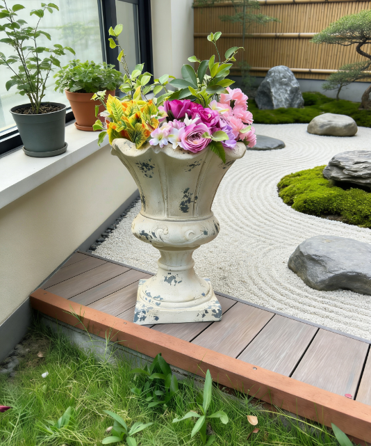 MGO Garden Planter antique white ceramic pedestal with colorful blooms on a wooden deck on Tampa Home & Garden Store
