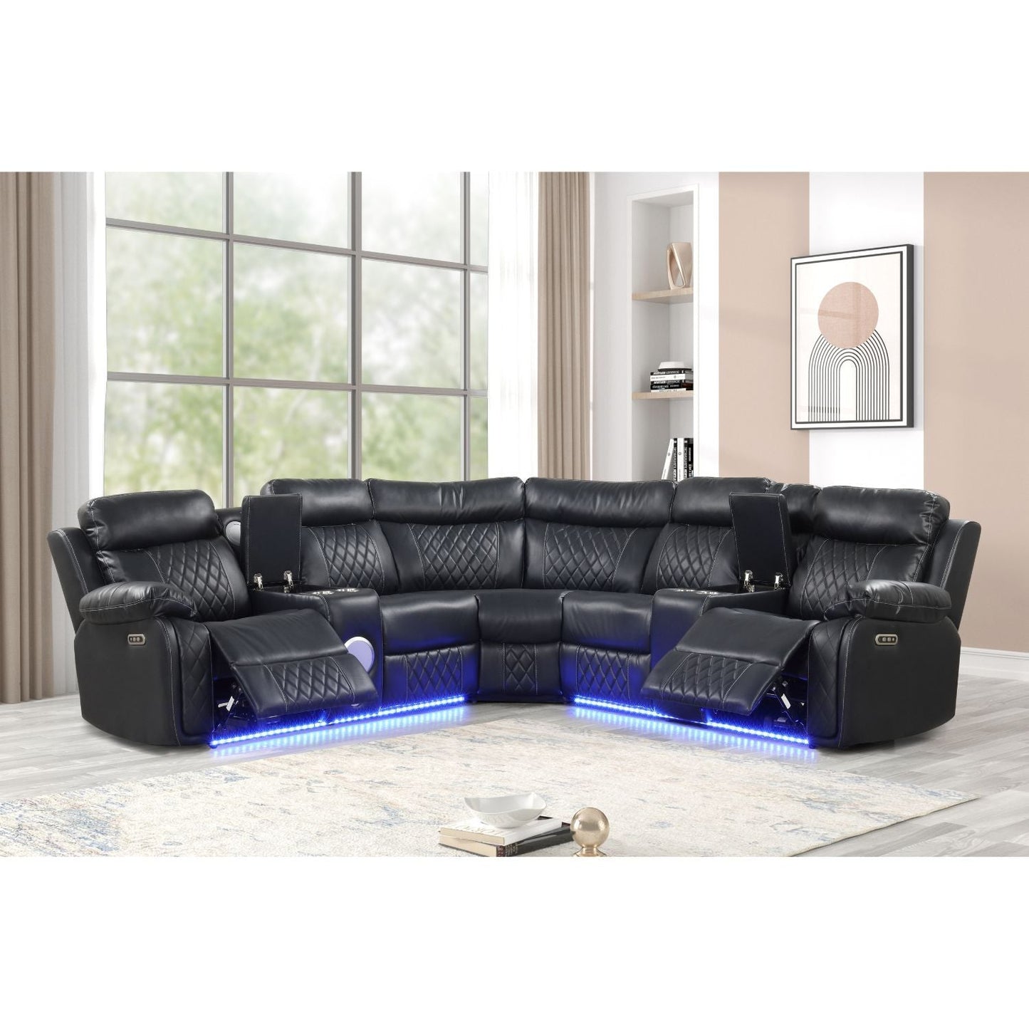 Lacrosse power reclining sectional sofa in black leather with blue LED by HouseOfZazla on Tampa Home & Garden Store
