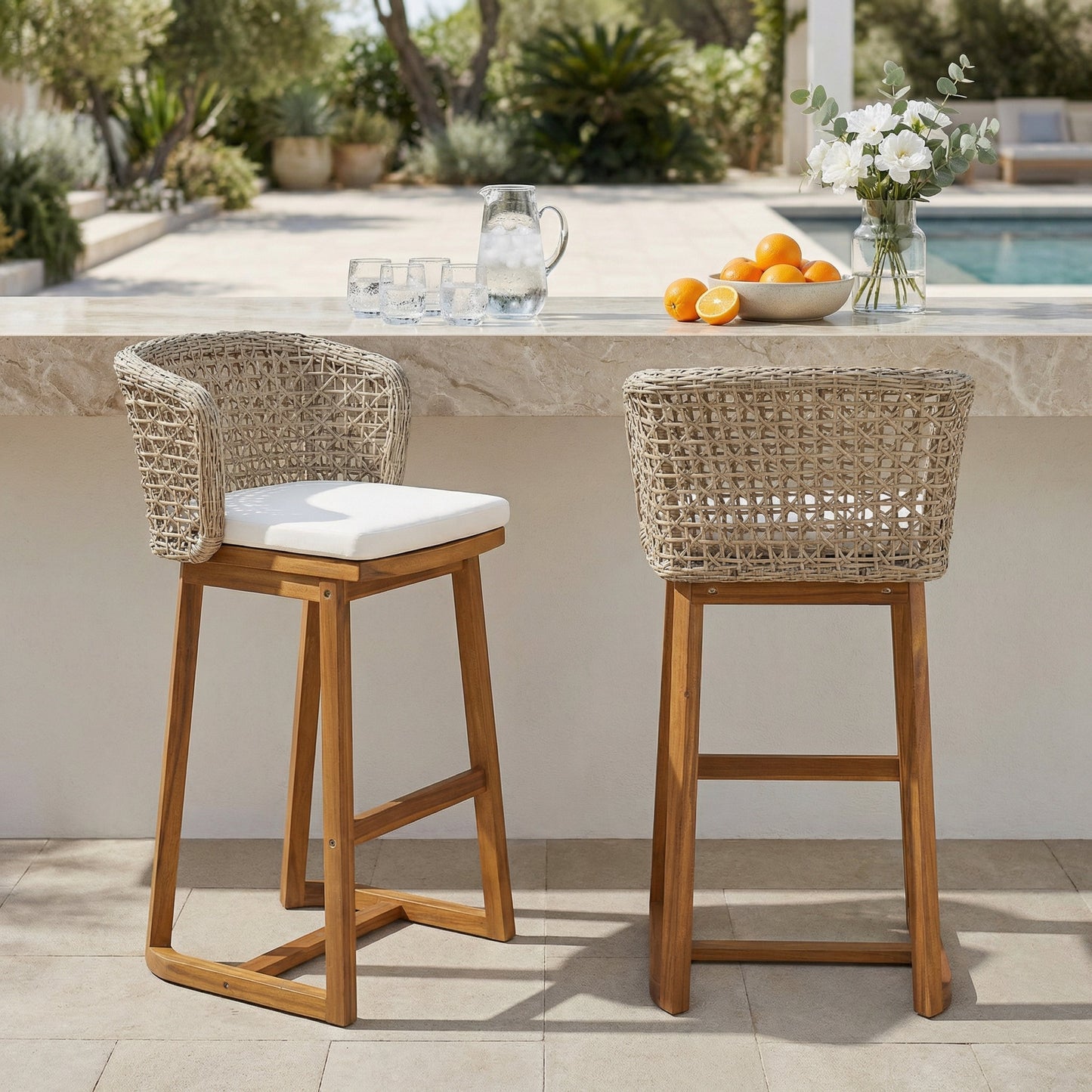 Outdoor Acacia Wood Bar Stools set of 2 with woven rattan backs on Tampa Home & Garden Store