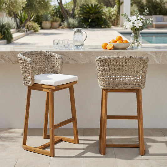 Outdoor Acacia Wood Bar Stools set of 2 with woven rattan backs on Tampa Home & Garden Store