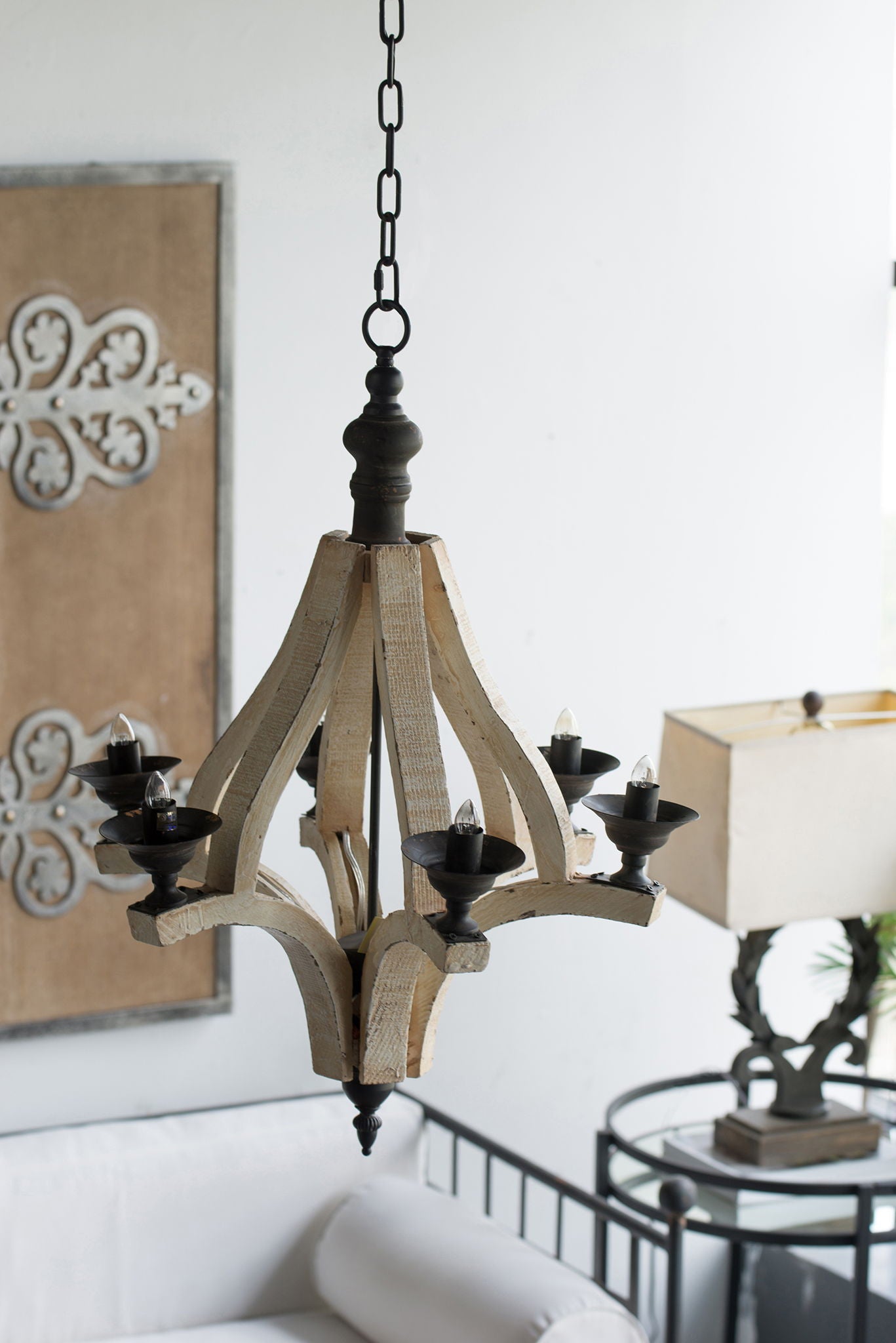 6-light cream wooden chandelier with black metal accents and adjustable chain; bulb not included on Tampa Home & Garden Store