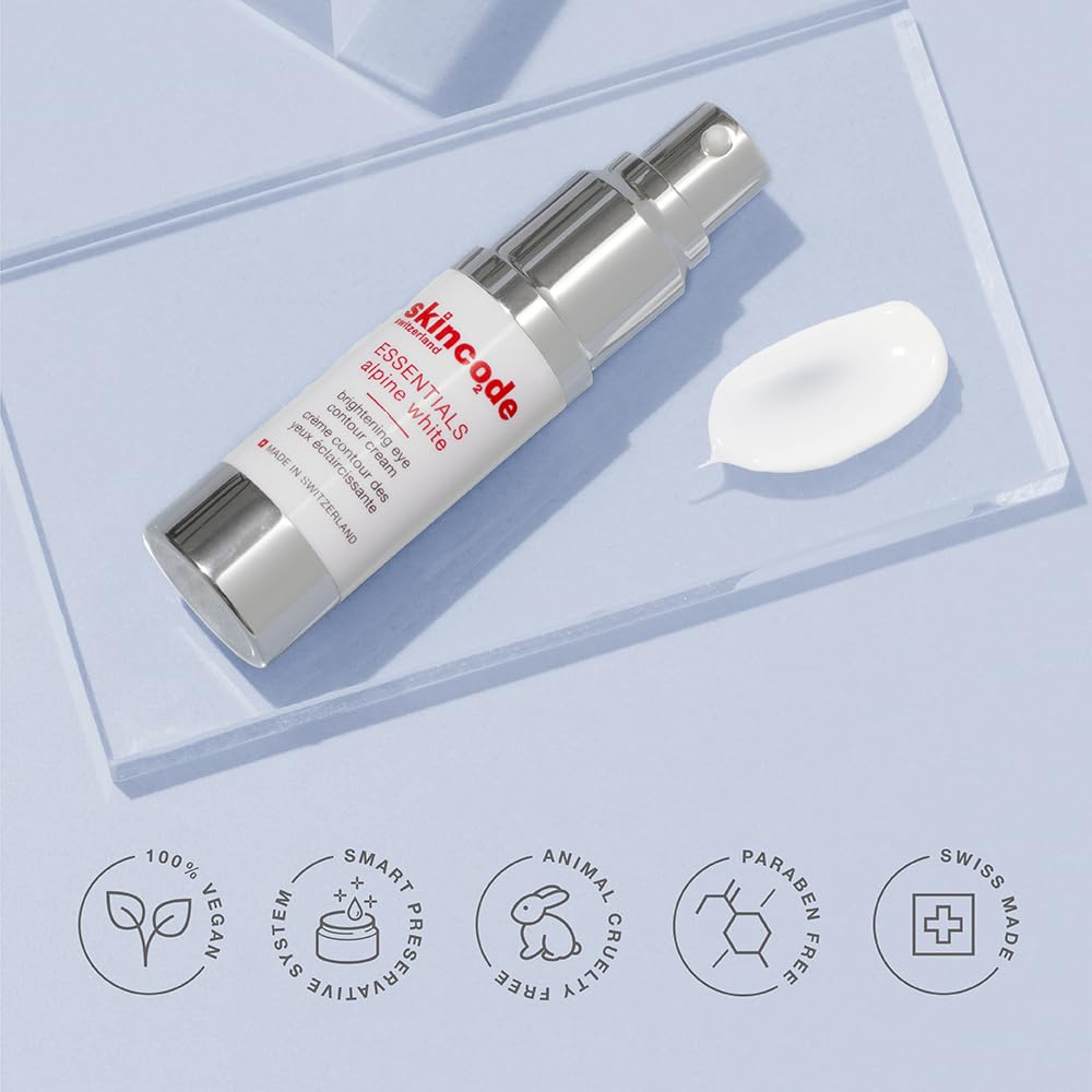 Skincode Essentials Alpine White Eye Contour Cream bottle with silver pump on Tampa Home & Garden Store