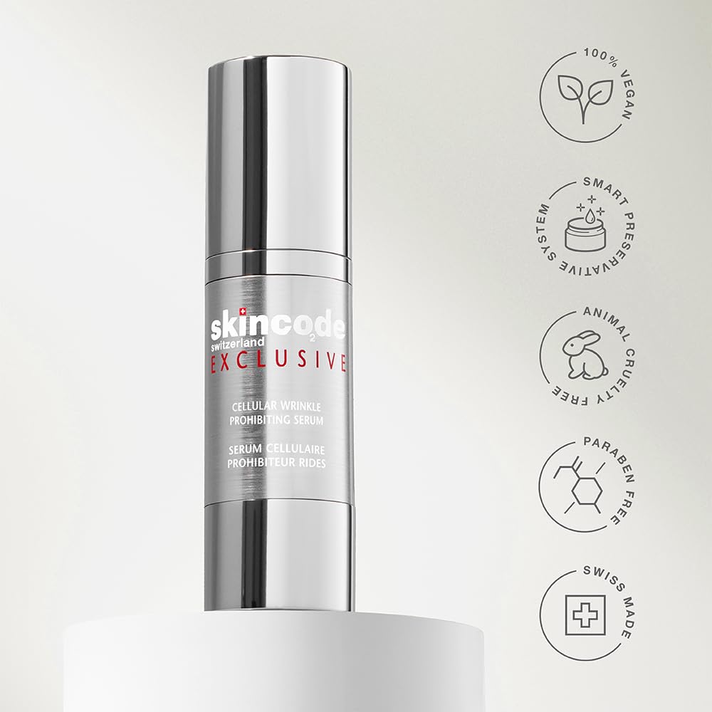 Face serum Skincode Exclusive anti-wrinkle in a sleek silver metal bottle on Tampa Home & Garden Store