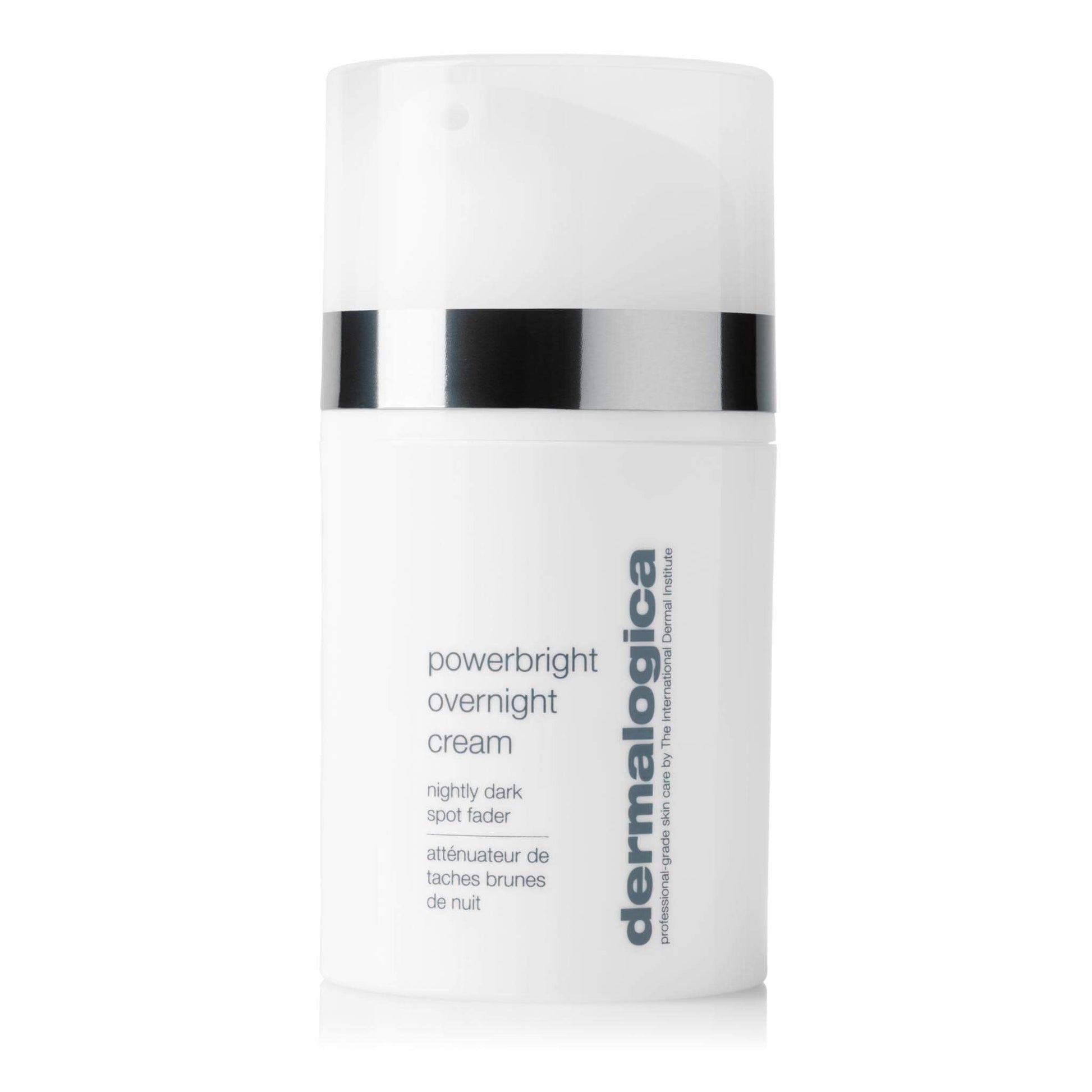Dermalogica PowerBright Overnight Cream bottle, white with silver band and cap on Tampa Home & Garden Store