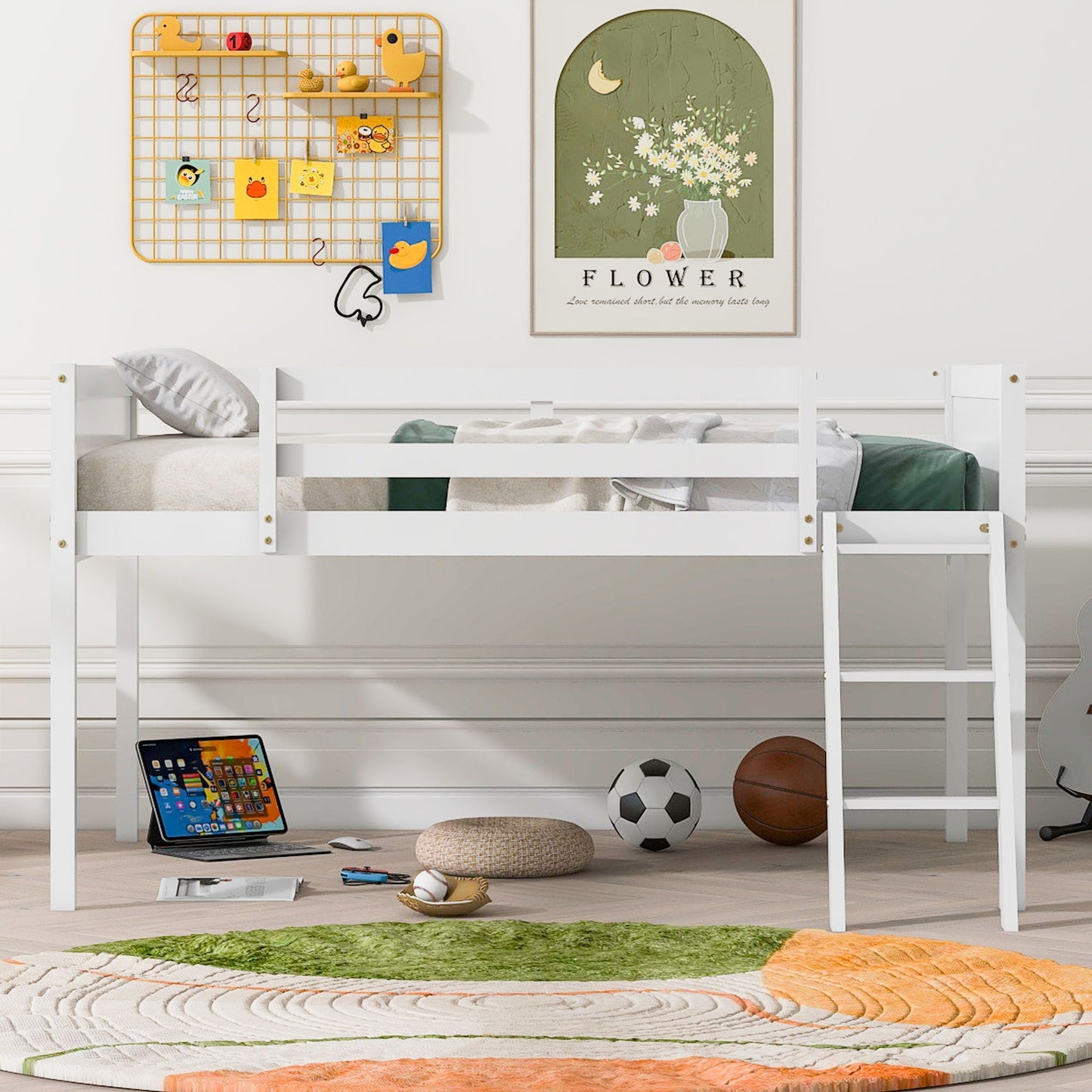 Low loft bed with adjustable ladder, white wood frame by HouseOfZazla on Tampa Home & Garden Store