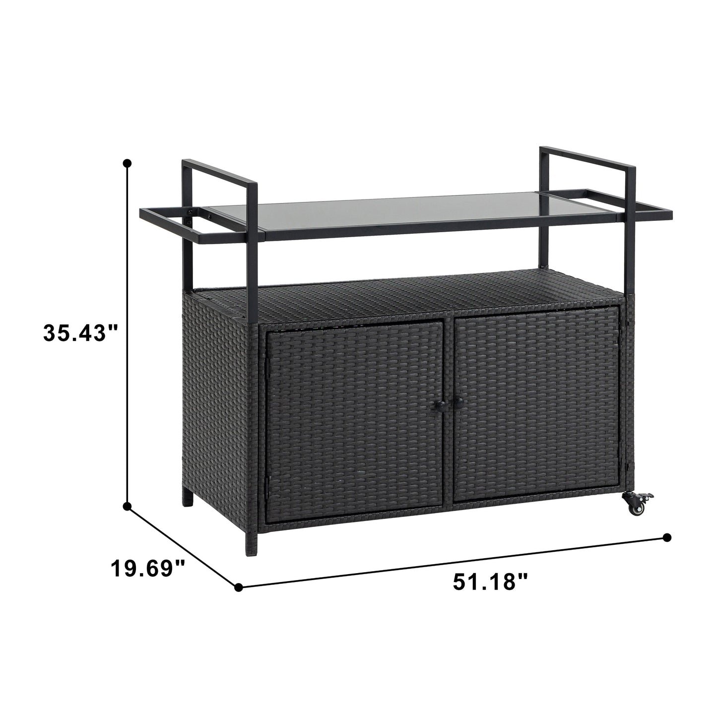 Outdoor wicker bar cart with glass top by HouseOfZazla, black rattan with wheels on Tampa Home & Garden Store