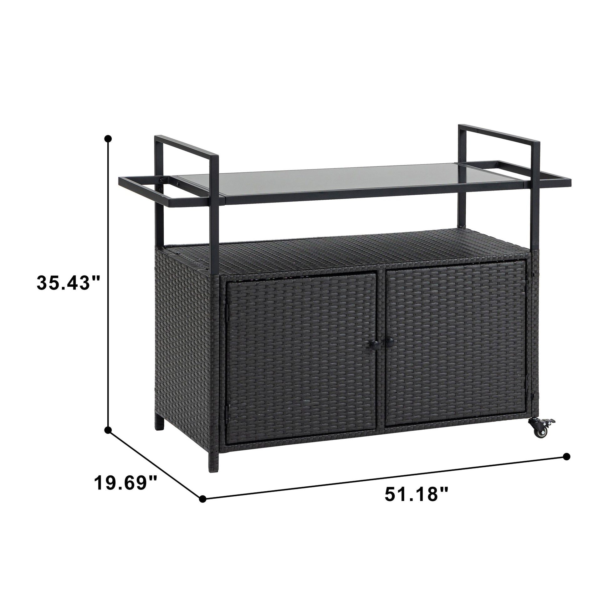 Outdoor wicker bar cart with glass top by HouseOfZazla, black rattan with wheels on Tampa Home & Garden Store