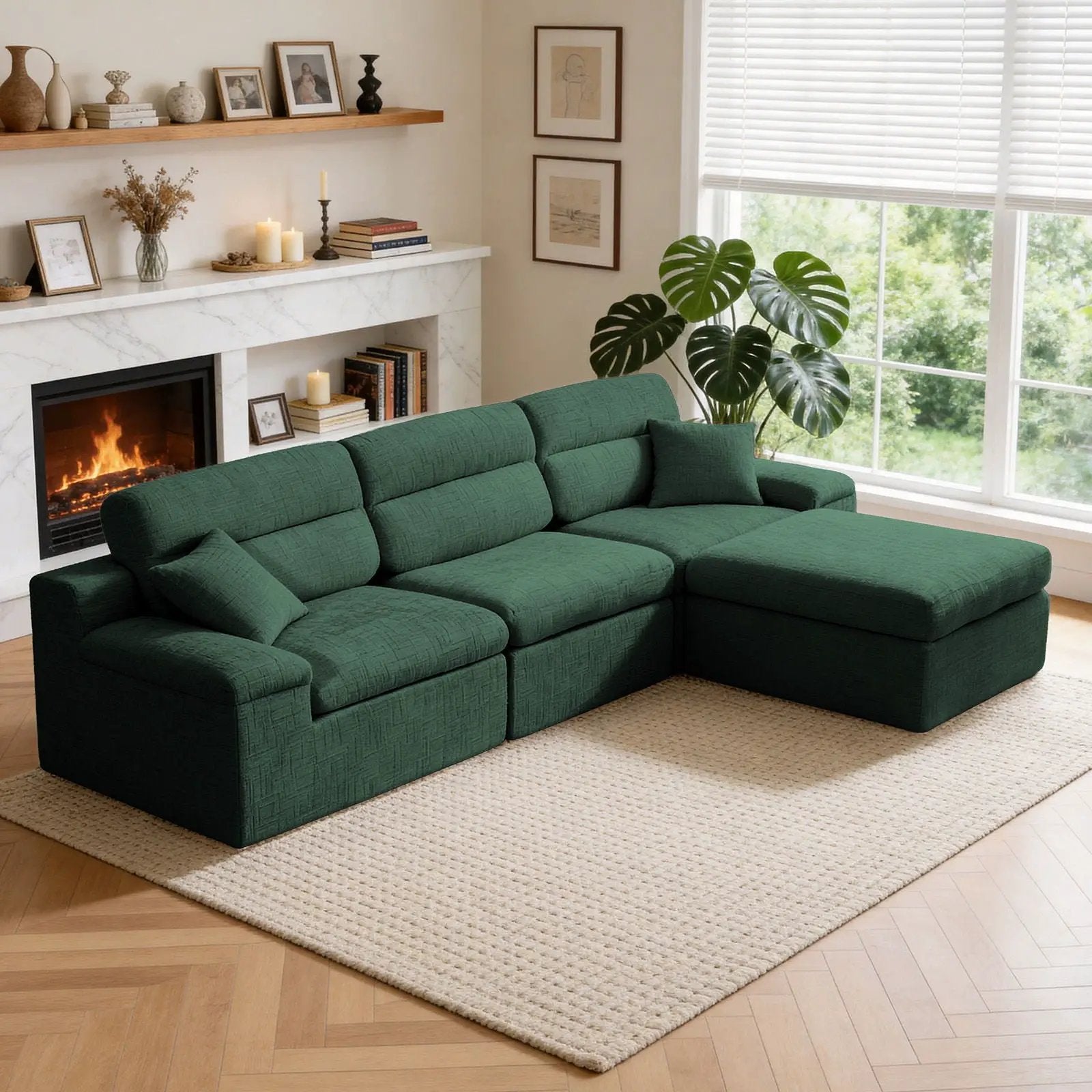 Corner chaise sofa in green fabric with high backrest 2-piece set by Unique Piece Furniture on Tampa Home & Garden Store