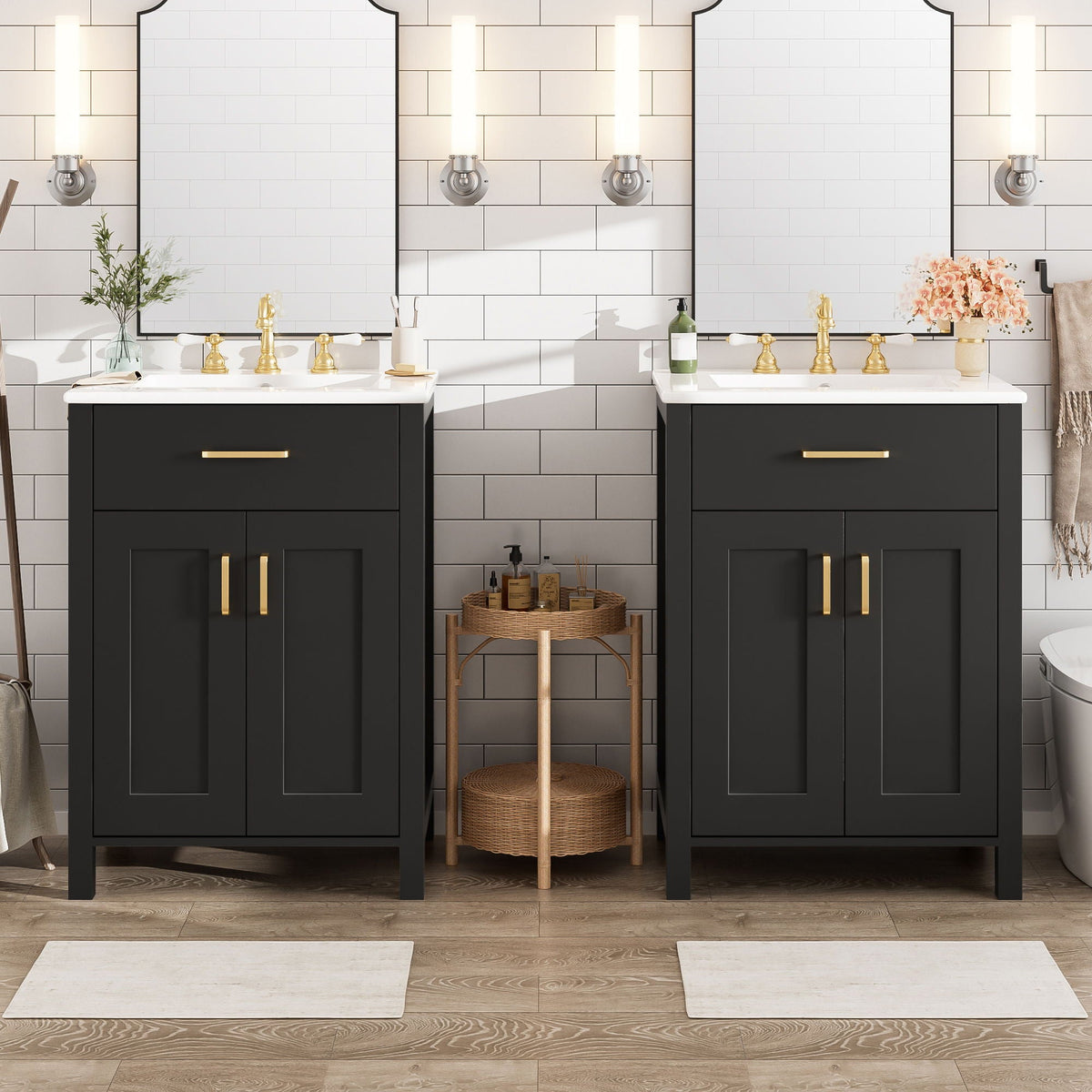 Modern bathroom vanity with soft-close cabinet, twin black vanities, gold hardware HouseOfZazla on Tampa Home & Garden Store