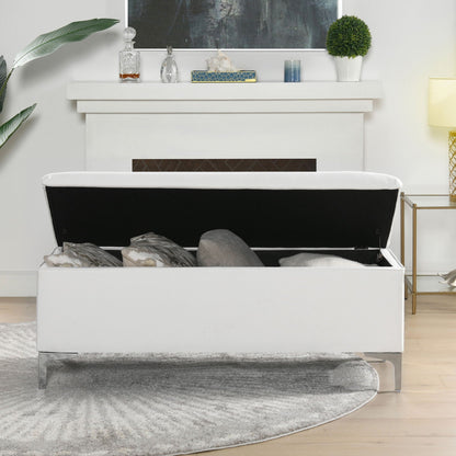 Madelyn storage bench in bright white dye, lid open with gray pillows inside on Tampa Home & Garden Store
