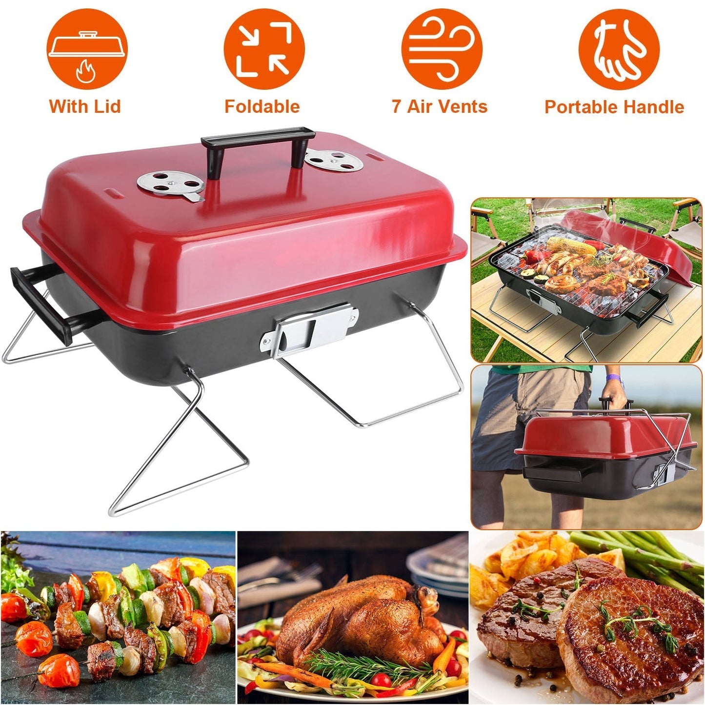 Portable charcoal grill with red lid and foldable stand on Tampa Home & Garden Store