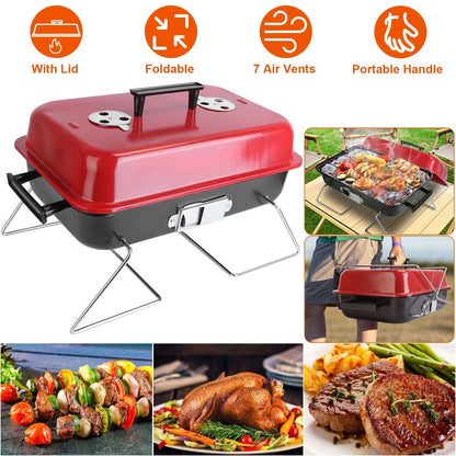 Portable charcoal grill with red lid and foldable stand on Tampa Home & Garden Store