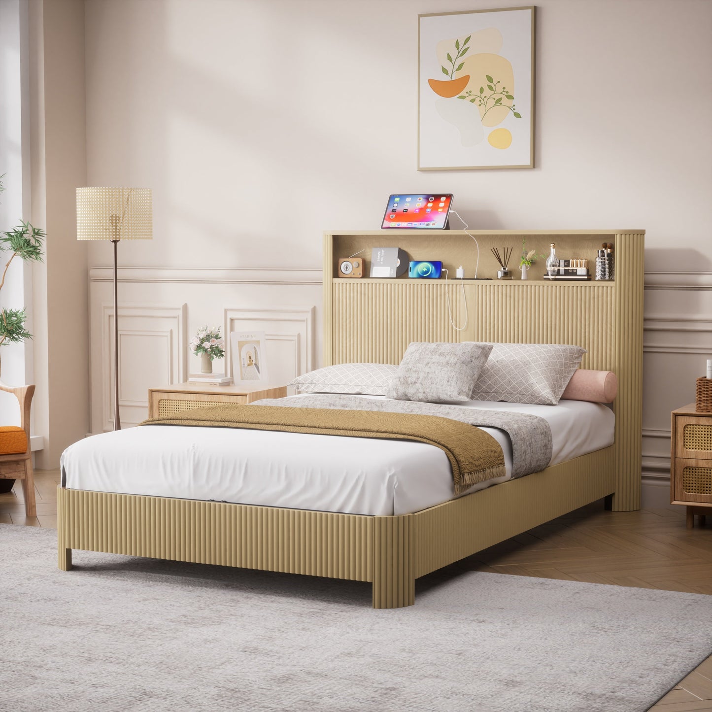 Full Extra Long Bed Frame and Storage Headboard