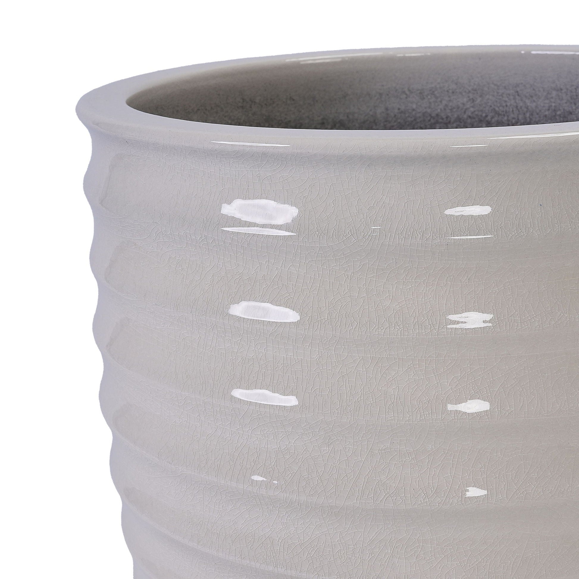 Planter pot with white crackle glaze exterior and grey interior for patio and windowsill on Tampa Home & Garden Store