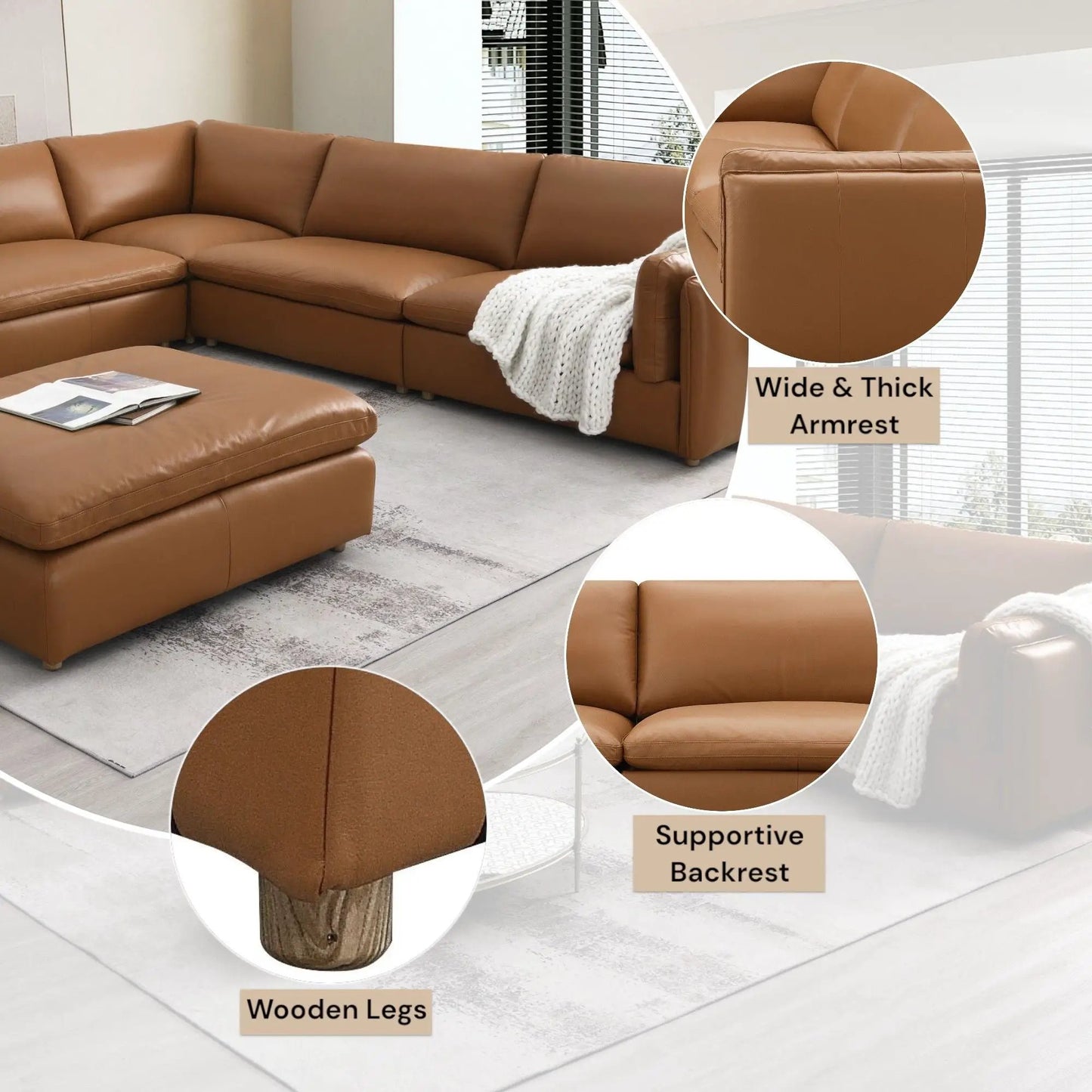 Brighton top grain modular sectional brown leather with wide arms and wood legs on Tampa Home & Garden Store