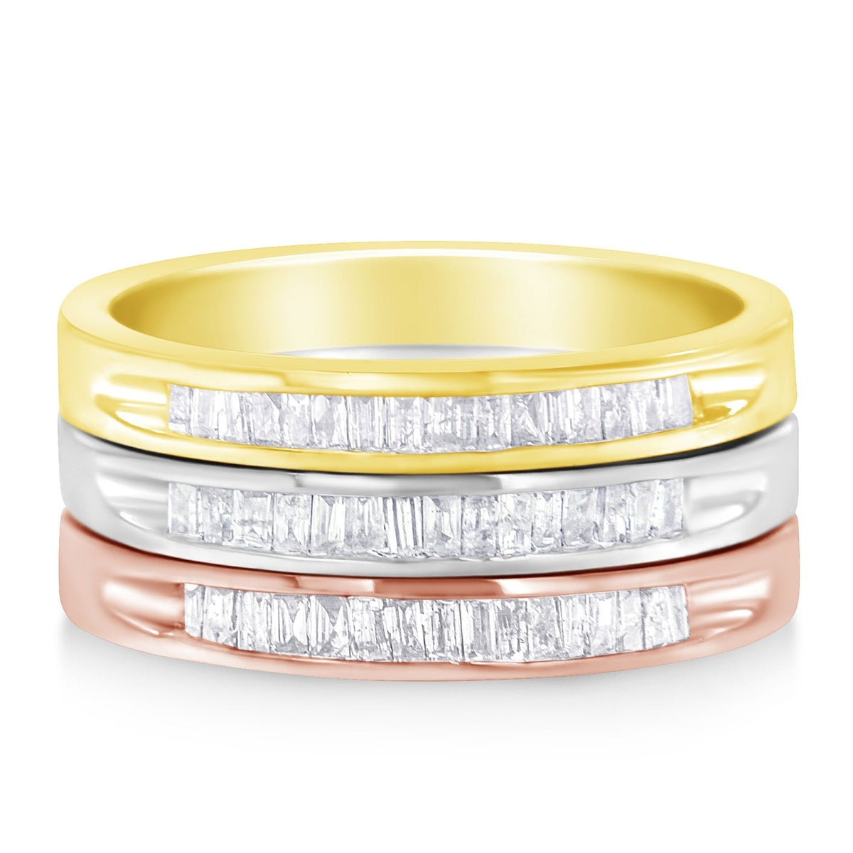 Diamond channel-set stackable band rings in 10K yellow, white and rose gold over .925 silver on Tampa Home & Garden Store