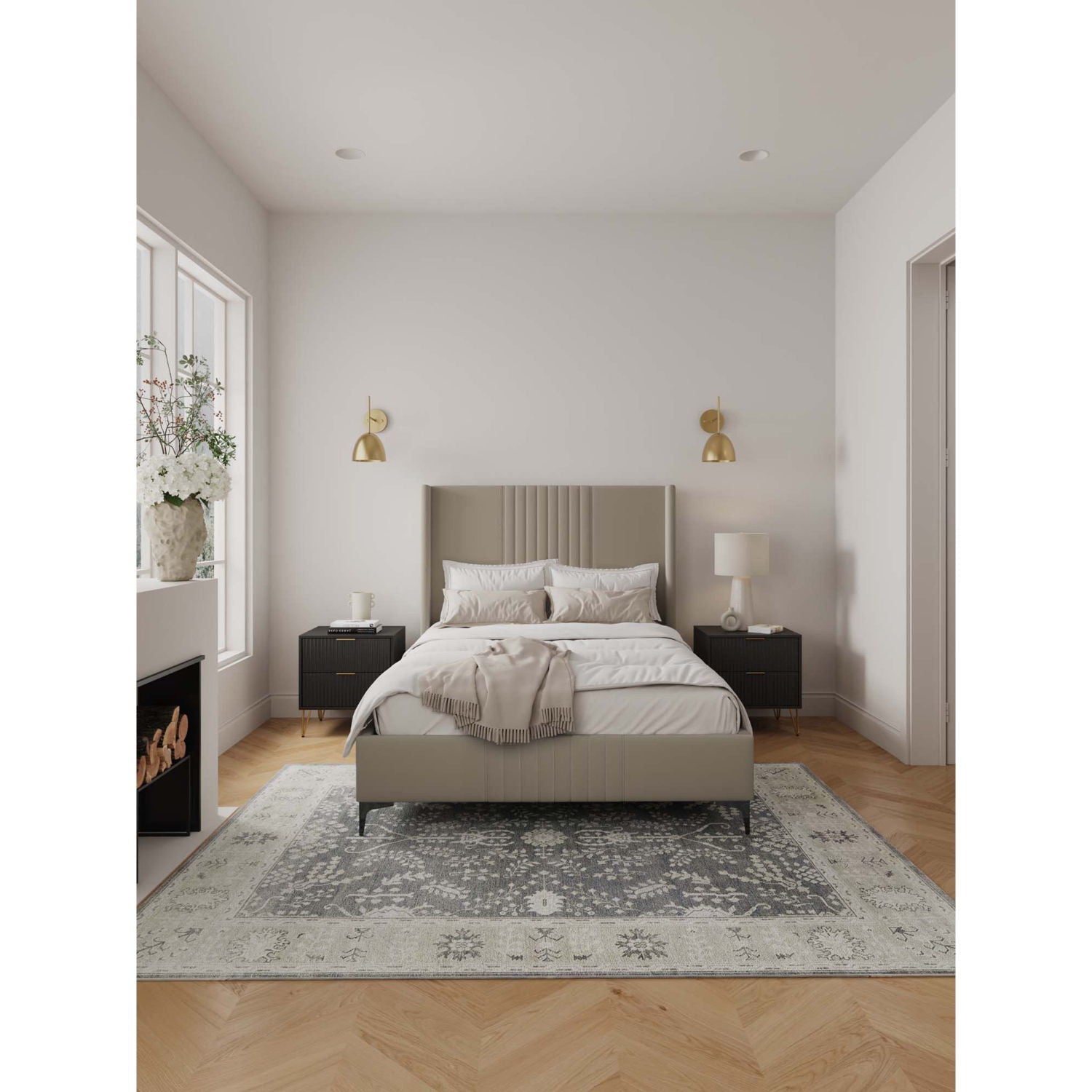 Promenade upholstered bed with headboard and slats in taupe paired with 2 black nightstands on Tampa Home & Garden Store