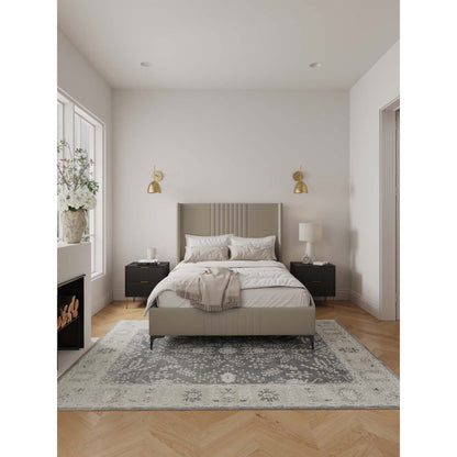 Promenade upholstered bed with headboard and slats in taupe paired with 2 black nightstands on Tampa Home & Garden Store