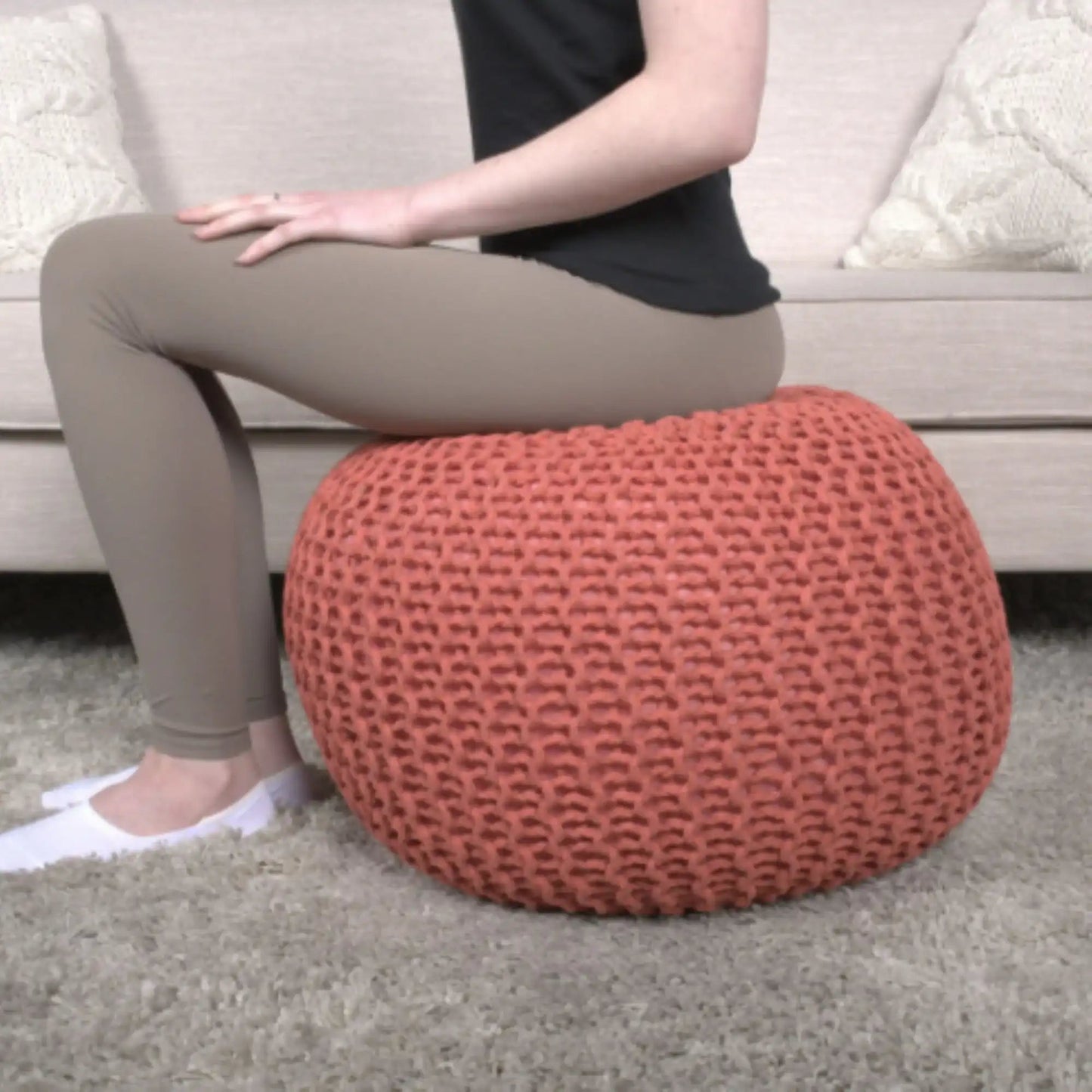 Bordeaux knitted cotton round pouf ottoman with chunky knit texture, floor cushion on Tampa Home & Garden Store