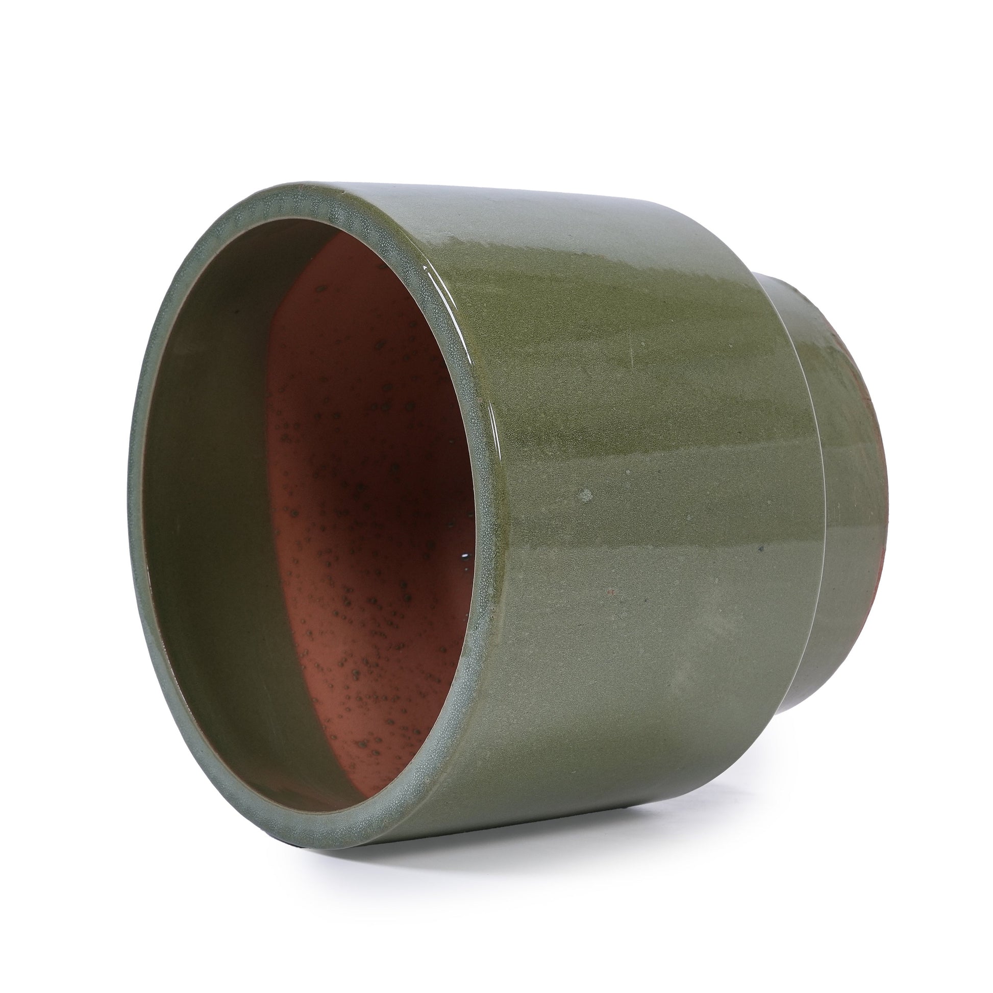 Antique light green ceramic flowerpot with red interior curved planter on Tampa Home & Garden Store