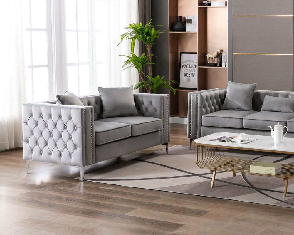 Gray Lorreto button tufted stationary loveseats by HouseOfZazla, 2-piece set on Tampa Home & Garden Store