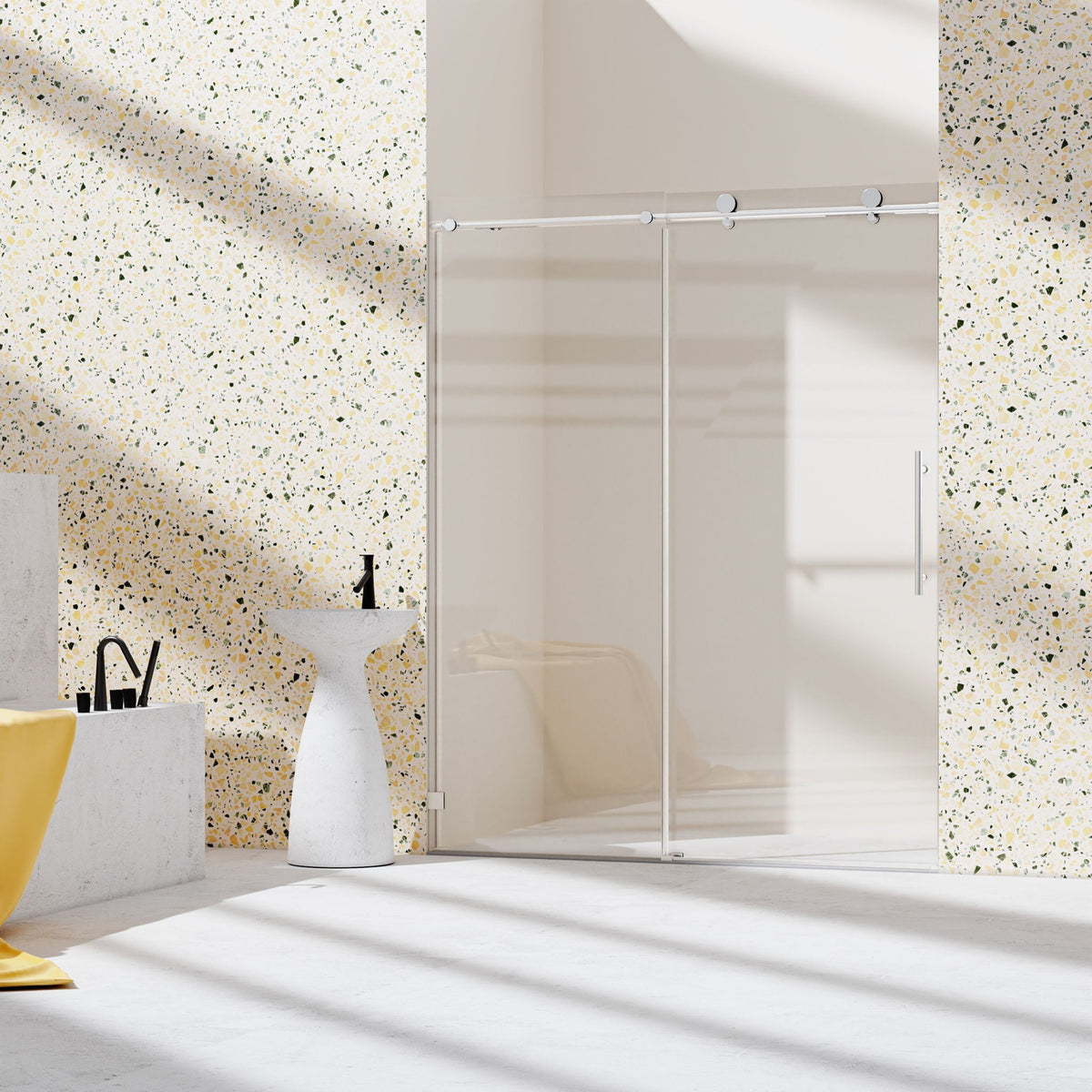 Frameless single sliding soft-close shower door with chrome hardware in terrazzo bathroom on Tampa Home & Garden Store