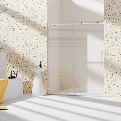 Frameless single sliding soft-close shower door with chrome hardware in terrazzo bathroom on Tampa Home & Garden Store