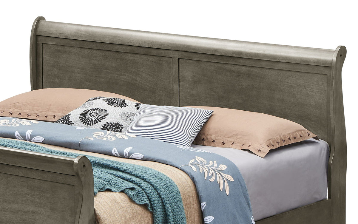 Panel Sleigh Bed by HouseOfZazla in aged gray wood with panel headboard and curved posts on Tampa Home & Garden Store