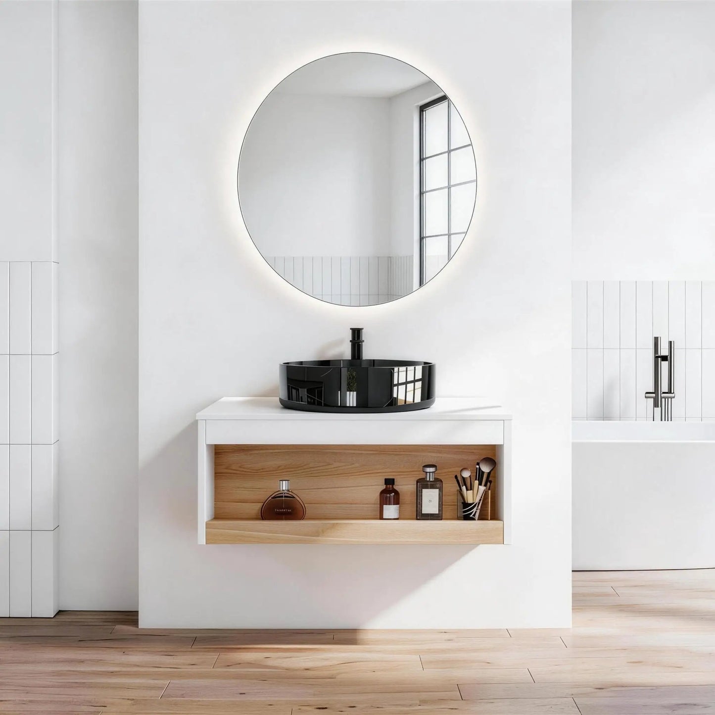 Floating Vanity with Vessel Sink and Open Shelf