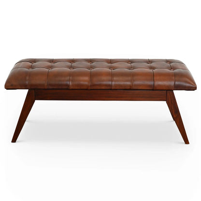 Maja bench cognac leather with tufted upholstery and dark wood legs by Unique Piece on Tampa Home & Garden Store