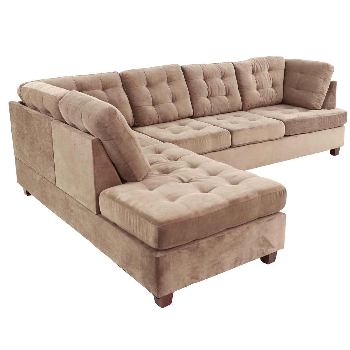 Truffle Waffle suede sectional sofa with tufted cushions and accent pillows, beige chaise on Tampa Home & Garden Store