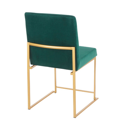Contemporary high-back dining chair with emerald velvet upholstery and gold metal frame on Tampa Home & Garden Store