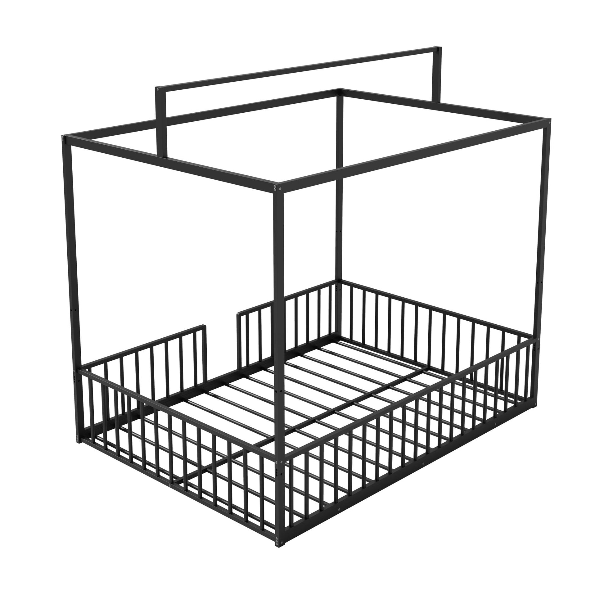 3-in-1 Montessori floor bed with fenced support canopy frame in black metal by HouseOfZazla on Tampa Home & Garden Store