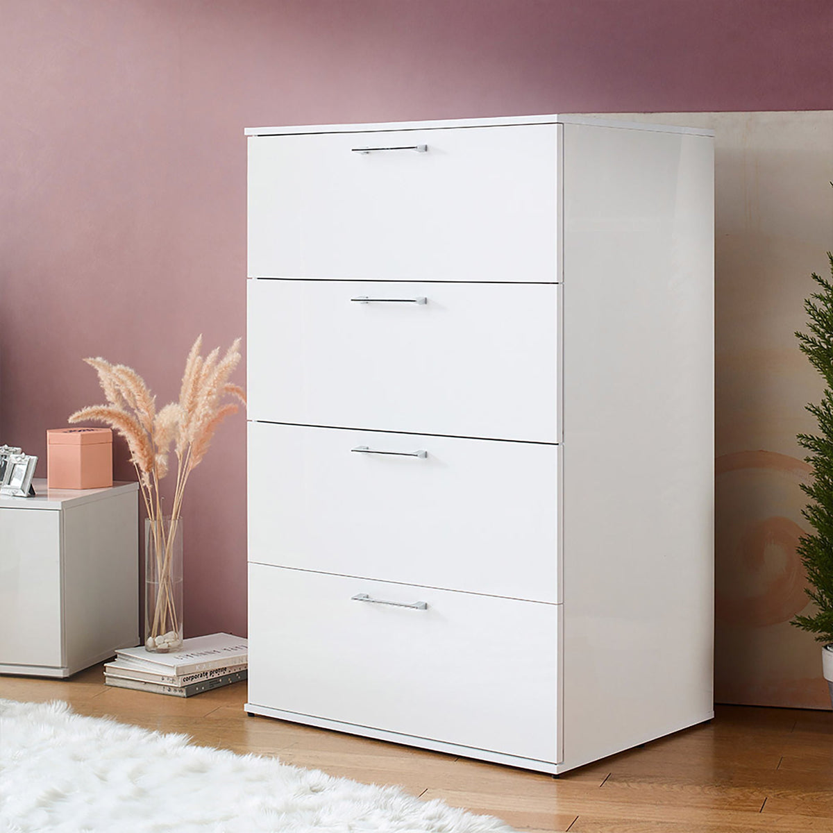 Glossy white 4-drawer accent chest with silver pulls by HouseOfZazla for accent tables on Tampa Home & Garden Store