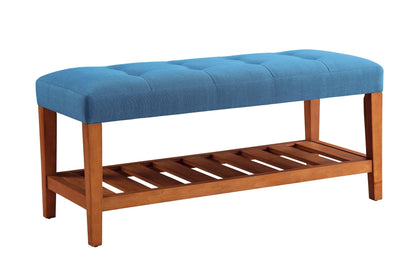 Charla Upholstered Bench blue tufted fabric with wooden legs HouseOfZazla on Tampa Home & Garden Store