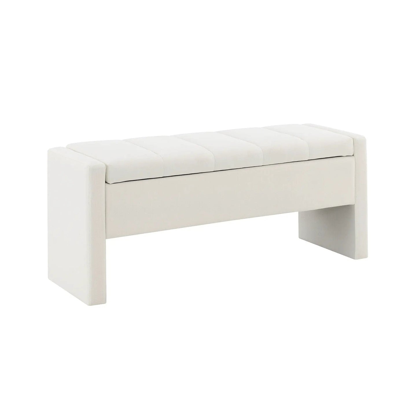 Modern upholstered bed end bench with storage in cream fabric, squared block legs on Tampa Home & Garden Store