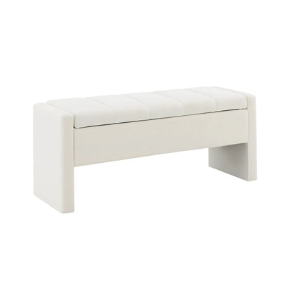 Modern upholstered bed end bench with storage in cream fabric, squared block legs on Tampa Home & Garden Store