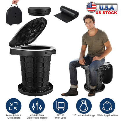 GemGear retractable portable toilet collapsible potty black with adjustable height lid on Tampa Home & Garden Store